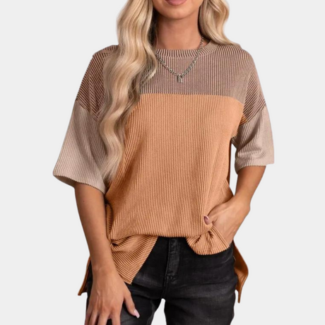 Color Block Ribbed T-Shirt  Casual Cotton Three-Tone Design - Product detail 9