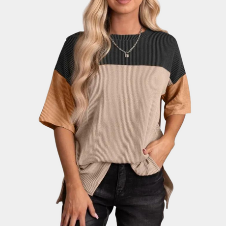 Color Block Ribbed T-Shirt  Casual Cotton Three-Tone Design - Product showcase