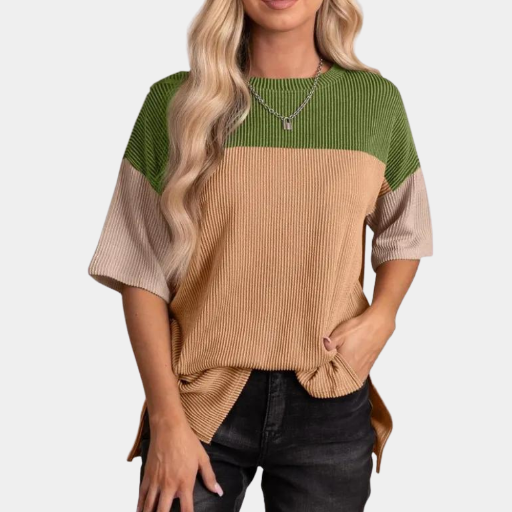 Color Block Ribbed T-Shirt  Casual Cotton Three-Tone Design - Product detail 10