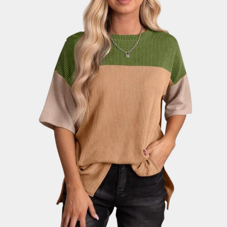 Color Block Ribbed T-Shirt  Casual Cotton Three-Tone Design - Product detail 10