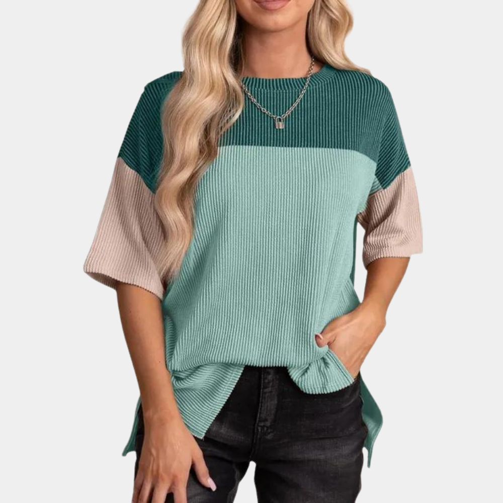 Color Block Ribbed T-Shirt  Casual Cotton Three-Tone Design - Product detail 11
