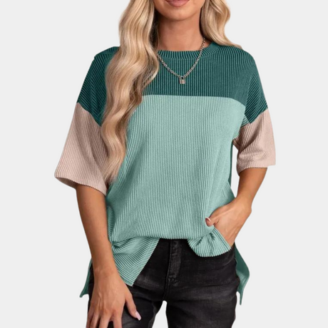 Color Block Ribbed T-Shirt  Casual Cotton Three-Tone Design - Product detail 11