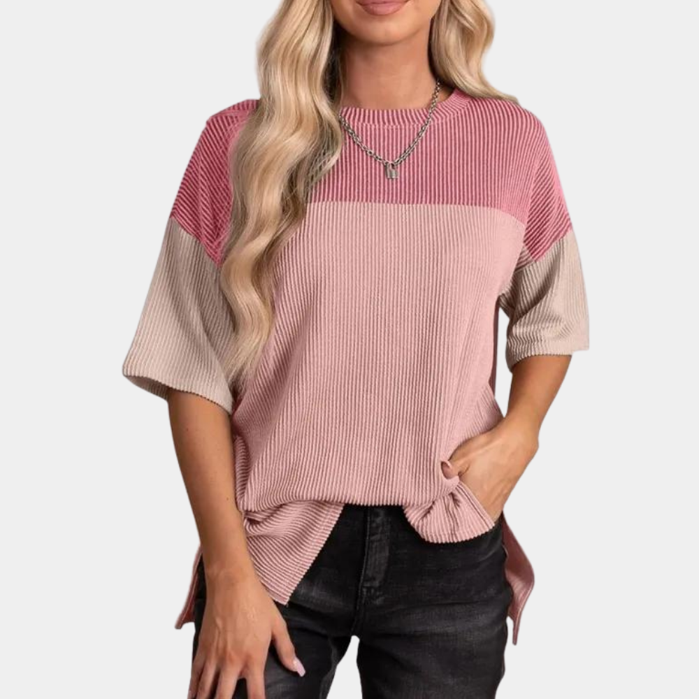 Color Block Ribbed T-Shirt  Casual Cotton Three-Tone Design - Detailed view