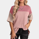 Color Block Ribbed T-Shirt  Casual Cotton Three-Tone Design - Detailed view