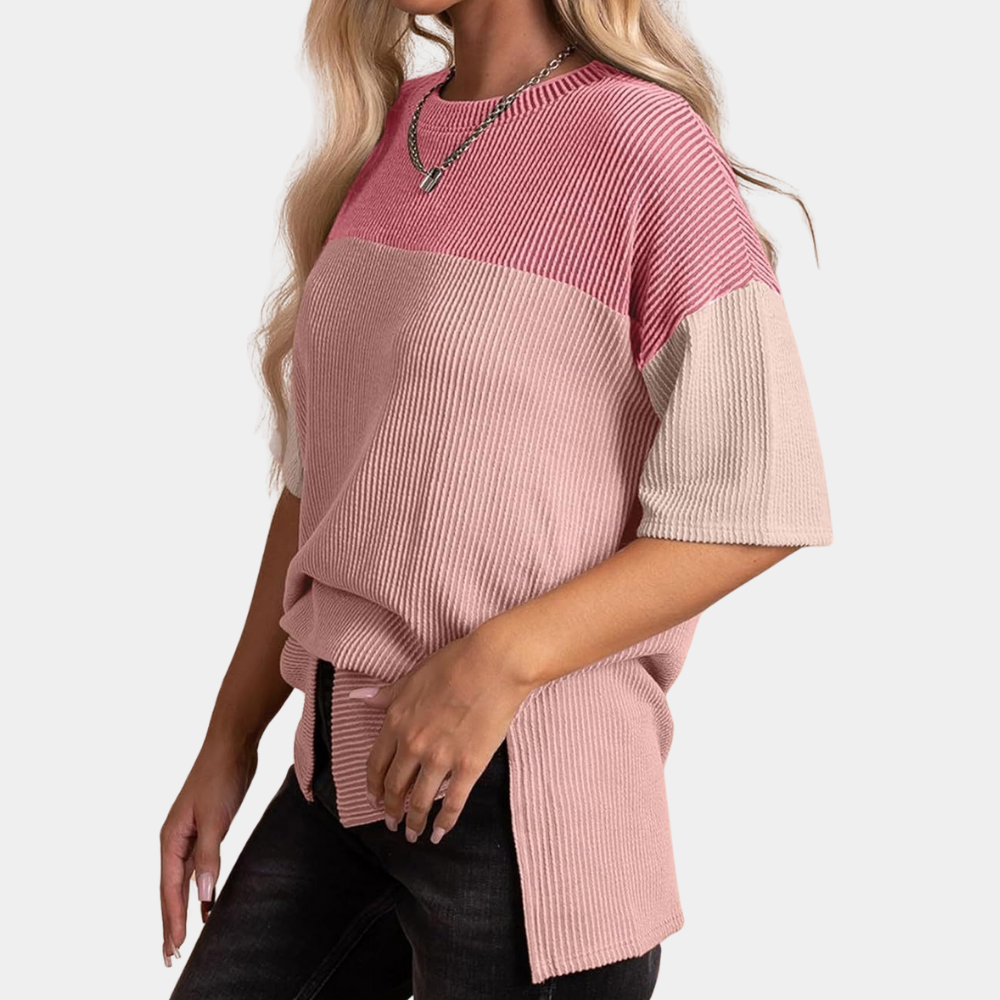 Color Block Ribbed T-Shirt  Casual Cotton Three-Tone Design - Product detail 6