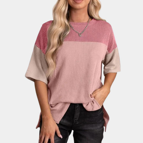 Color Block Ribbed T-Shirt  Casual Cotton Three-Tone Design - Product detail 8