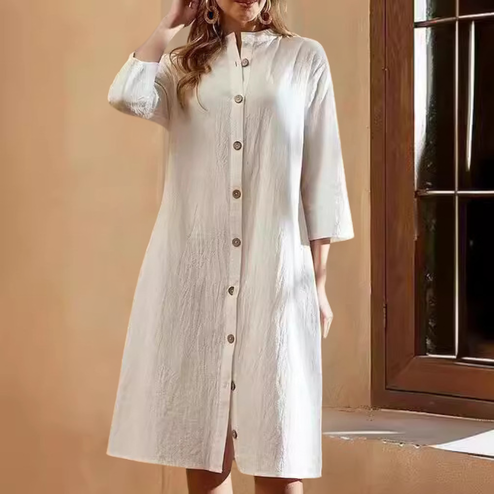 White Cotton Maxi Dress  Button-Front Classic Design - Detailed view