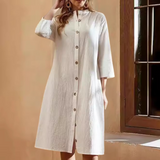 White Cotton Maxi Dress  Button-Front Classic Design - Detailed view