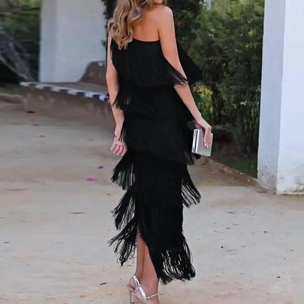 One Shoulder Fringe Dress  Layered Tassel Evening Gown - Product detail 5