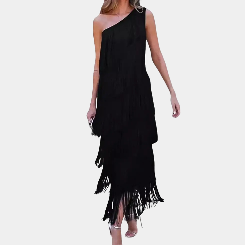 One Shoulder Fringe Dress  Layered Tassel Evening Gown - Product detail 6