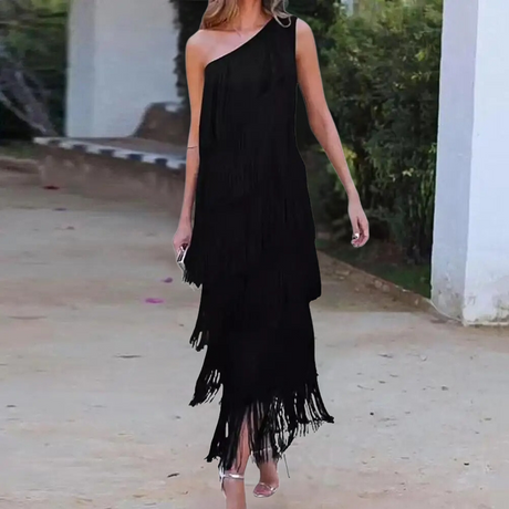 One Shoulder Fringe Dress  Layered Tassel Evening Gown - Product detail 8