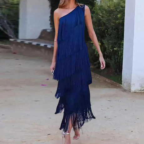 One Shoulder Fringe Dress  Layered Tassel Evening Gown - Product detail 7