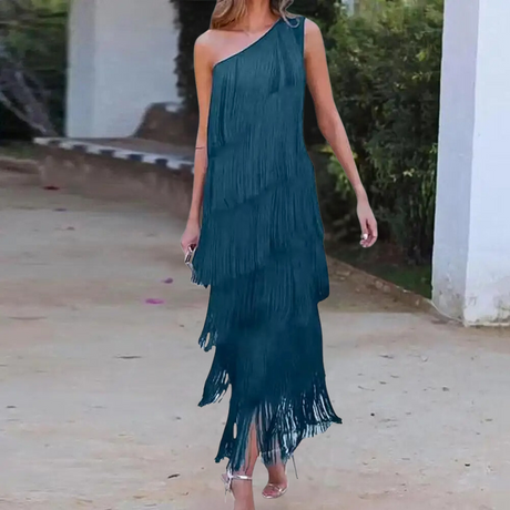 One Shoulder Fringe Dress  Layered Tassel Evening Gown - Product detail 9