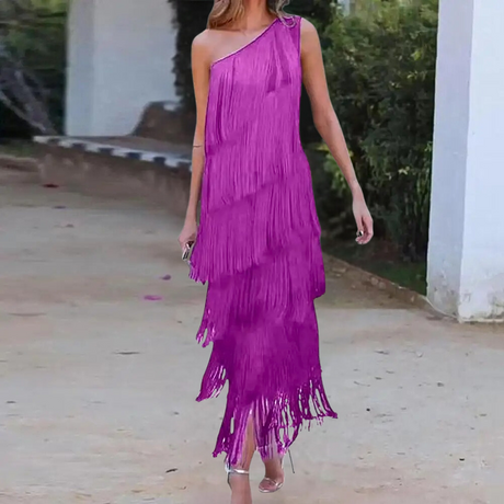 One Shoulder Fringe Dress  Layered Tassel Evening Gown - Product detail 10