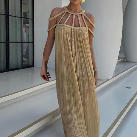Pleated Maxi Dress  Braided Halter Neckline Design - Product detail 10