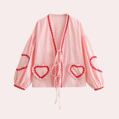 Gingham Heart Blouse  Pink Cotton With Red Trim - Product showcase