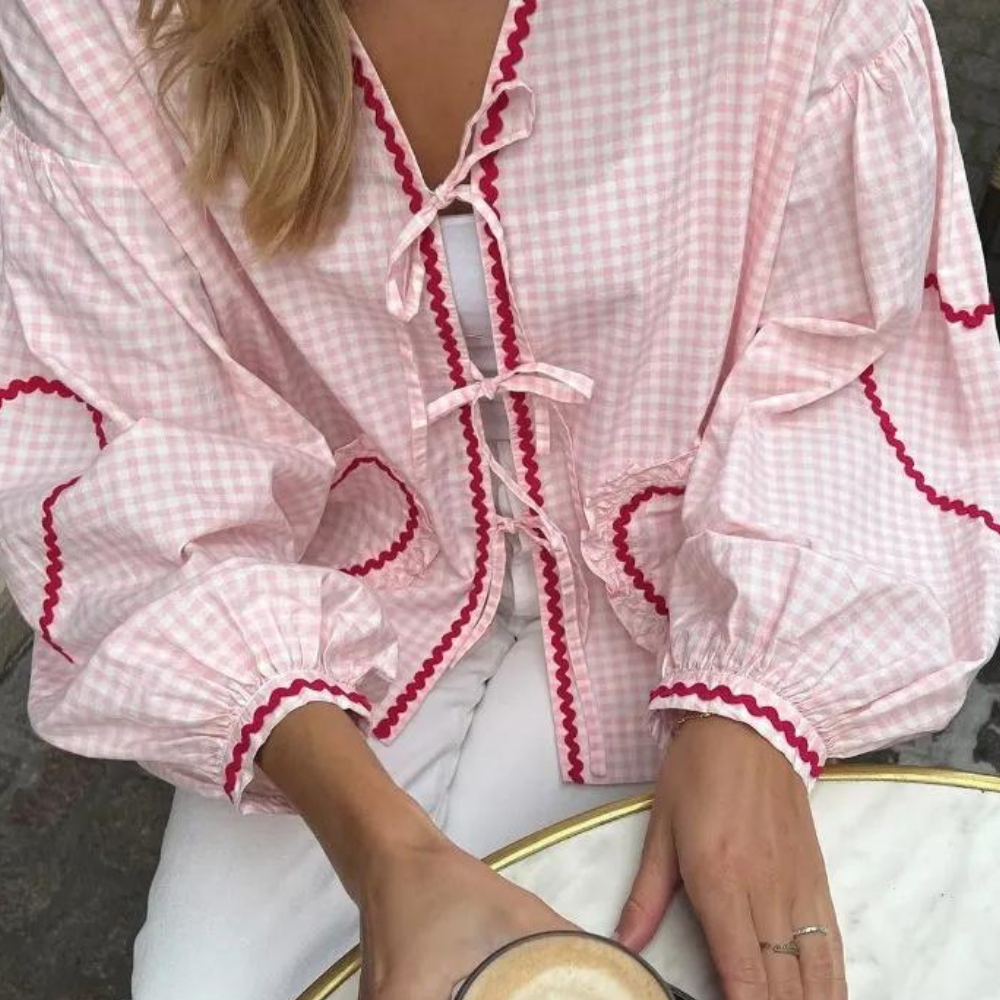 Gingham Heart Blouse  Pink Cotton With Red Trim - Detailed view