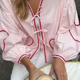 Gingham Heart Blouse  Pink Cotton With Red Trim - Detailed view