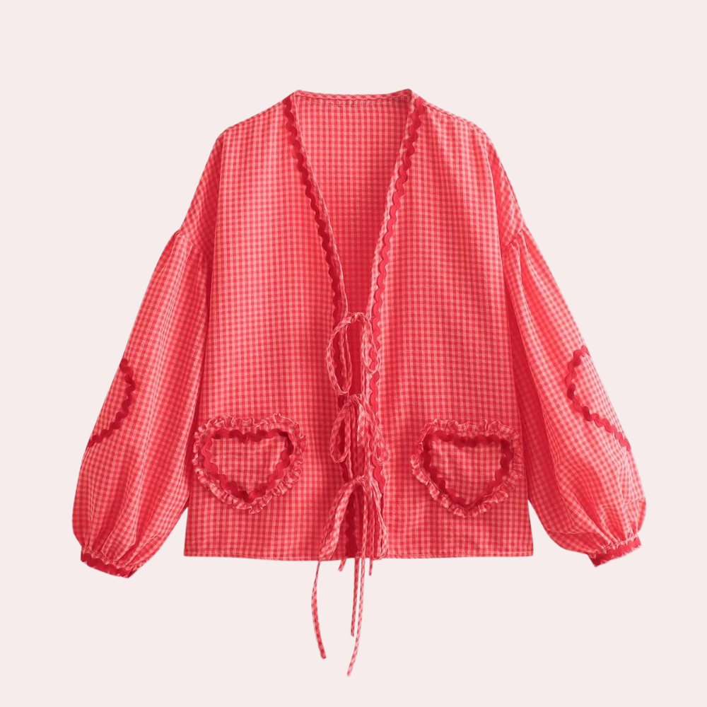 Gingham Heart Blouse  Pink Cotton With Red Trim - Product detail 8