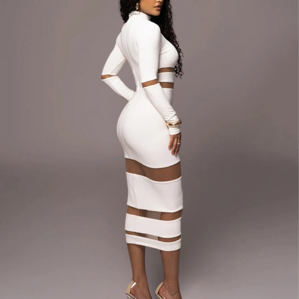 Modern Bodycon Dress  White Mesh Cut-Out Design - Detailed view