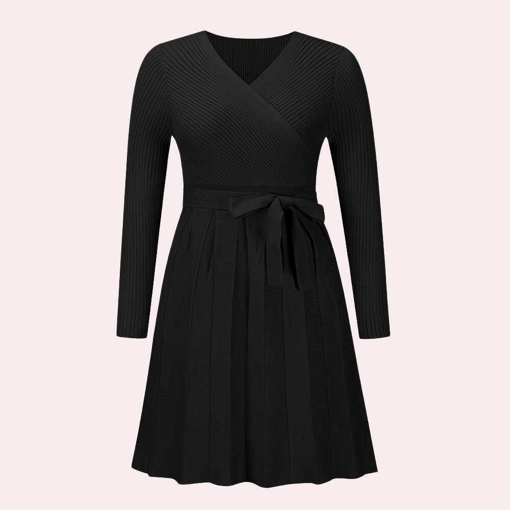 Pleated Wrap Midi Dress  V-Neck Ribbed Knit Design - Product detail 8