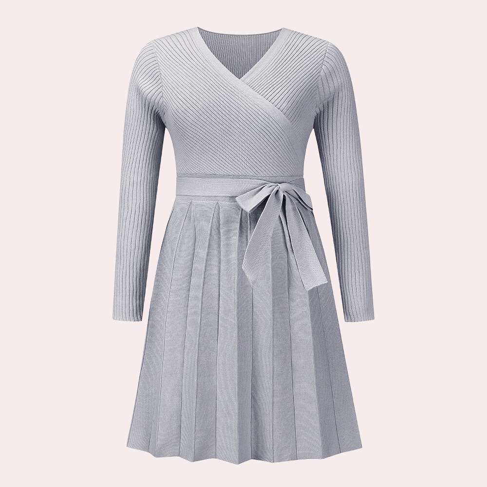 Pleated Wrap Midi Dress  V-Neck Ribbed Knit Design - Product detail 9