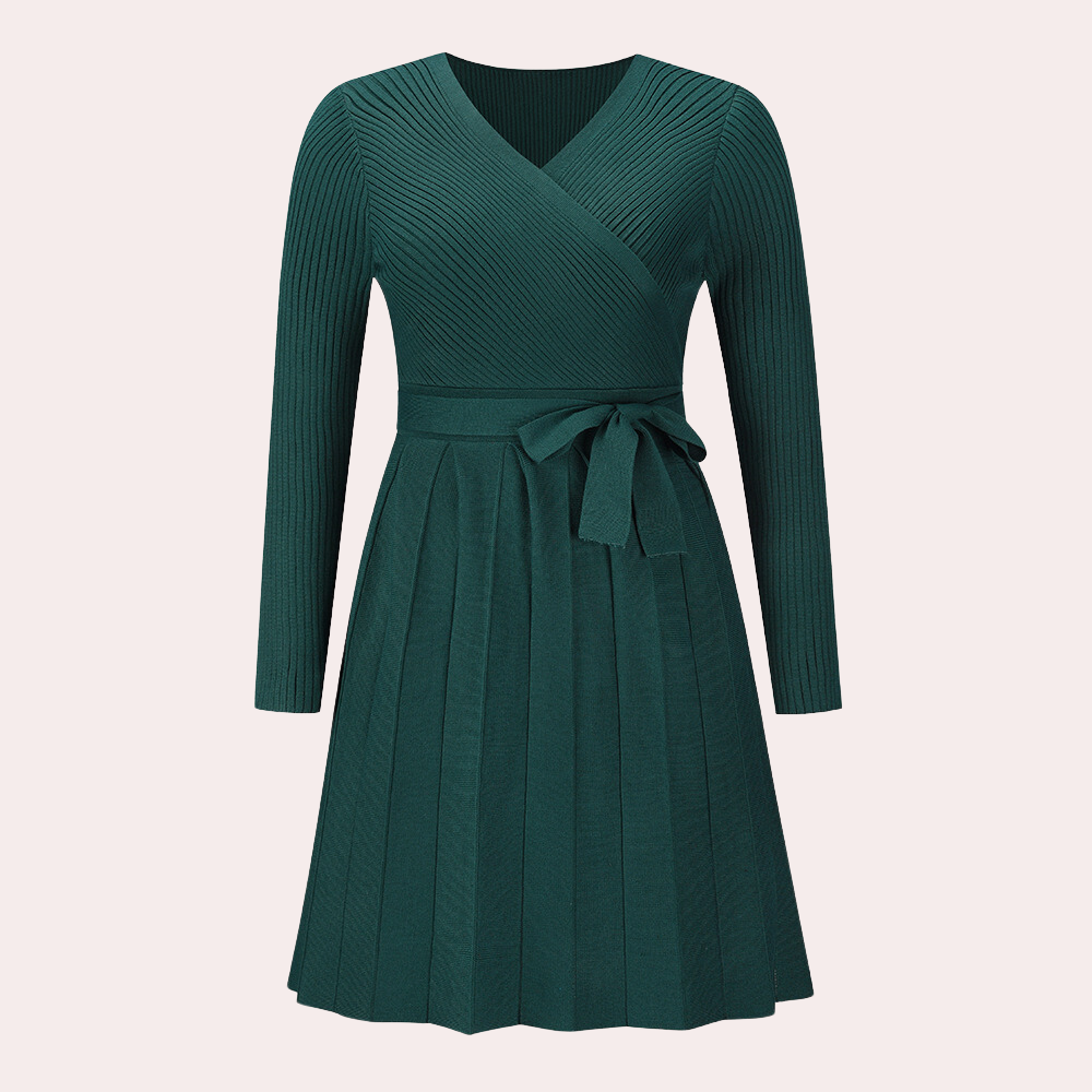 Pleated Wrap Midi Dress  V-Neck Ribbed Knit Design - Product detail 10