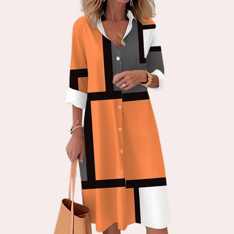 Geometric Midi Shirt Dress  Orange Color Block Design - Product showcase