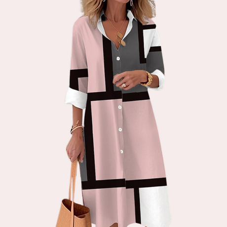 Geometric Midi Shirt Dress  Orange Color Block Design - Product detail 9
