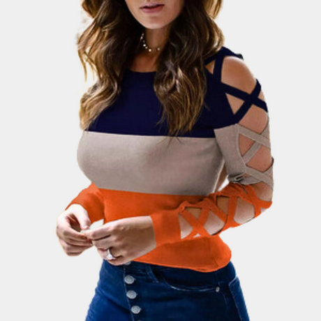 Color Block Fashion Top  Criss-Cross Sleeve Design - Product showcase