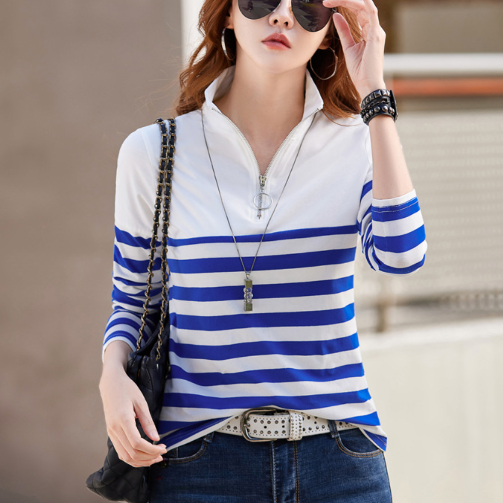 Casual Striped Quarter Zip Top  Cotton Mint Stripe Pattern - Product detail 9