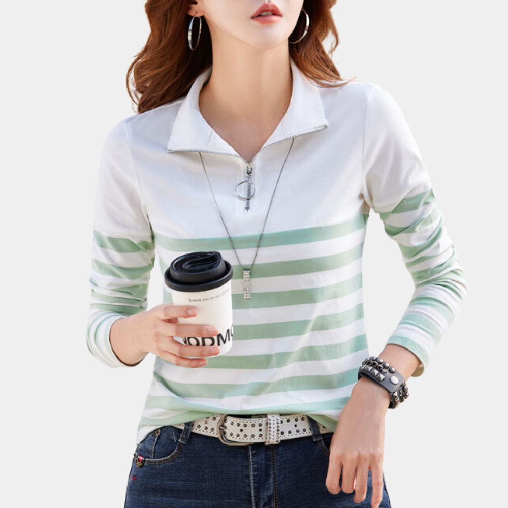 Casual Striped Quarter Zip Top  Cotton Mint Stripe Pattern - Product example
