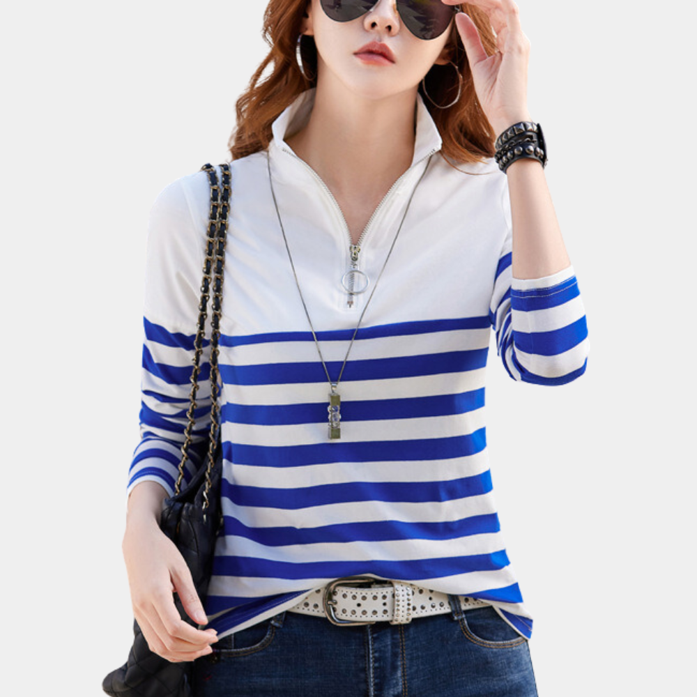Casual Striped Quarter Zip Top  Cotton Mint Stripe Pattern - Detailed view