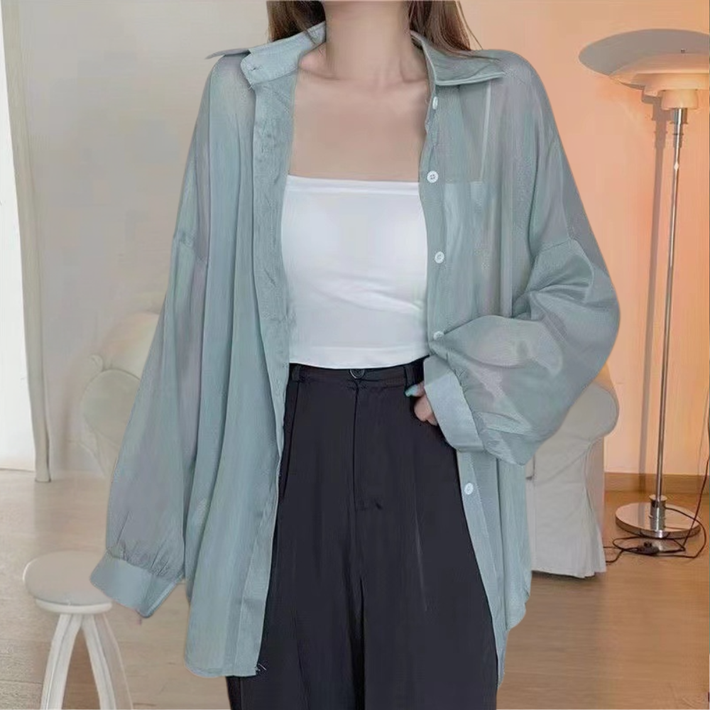 Sheer Button Down Blouse  Sage Green Oversized Design - Product showcase