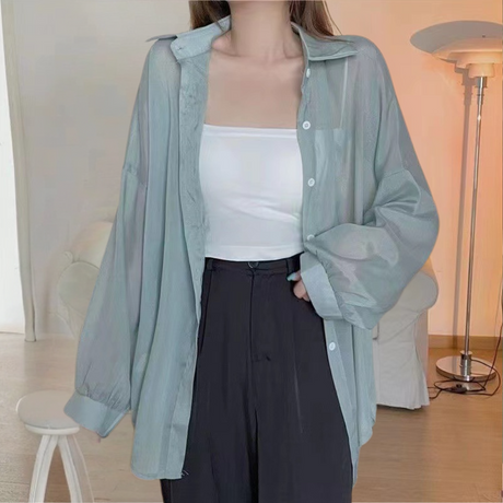 Sheer Button Down Blouse  Sage Green Oversized Design - Product showcase