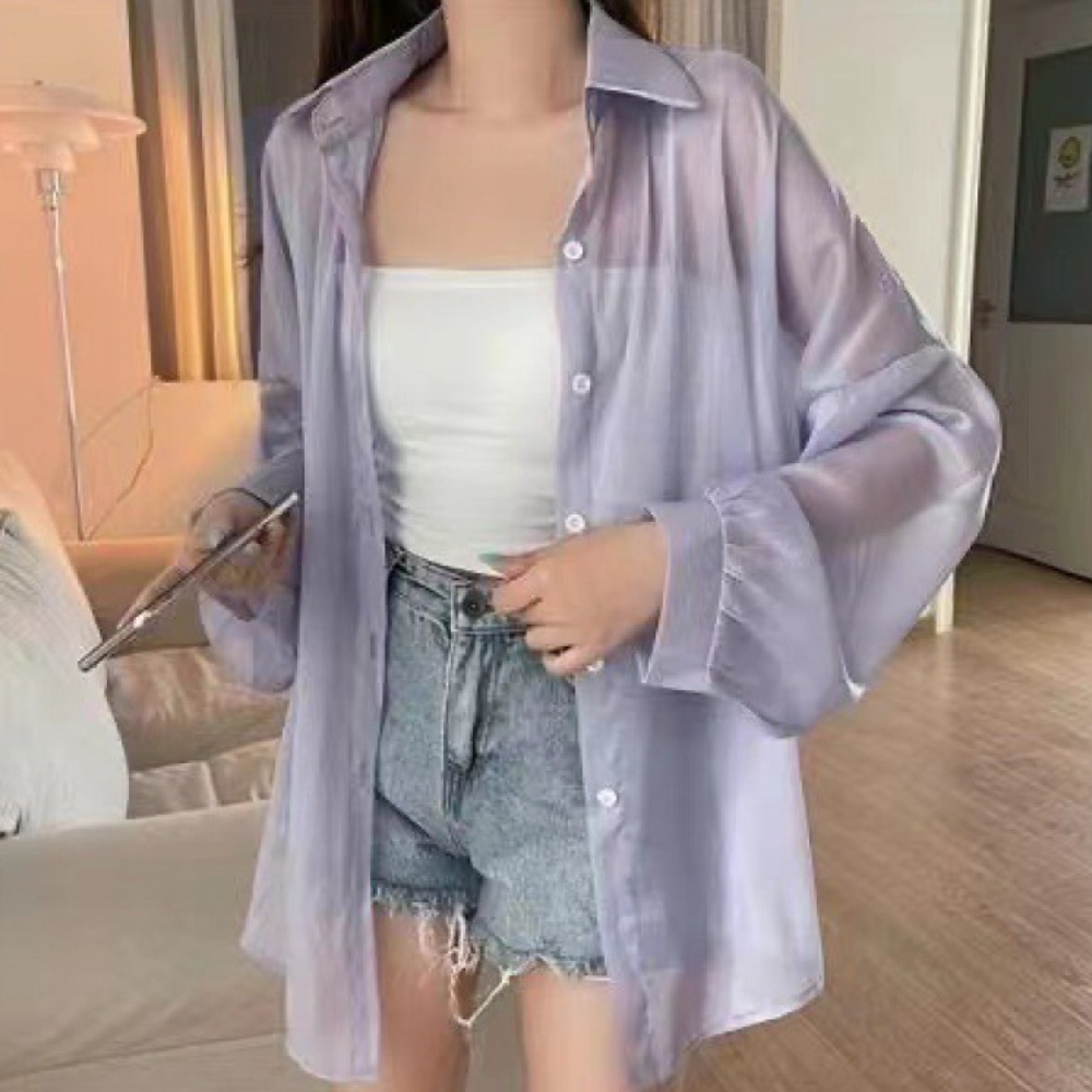 Sheer Button Down Blouse  Sage Green Oversized Design - Detailed view