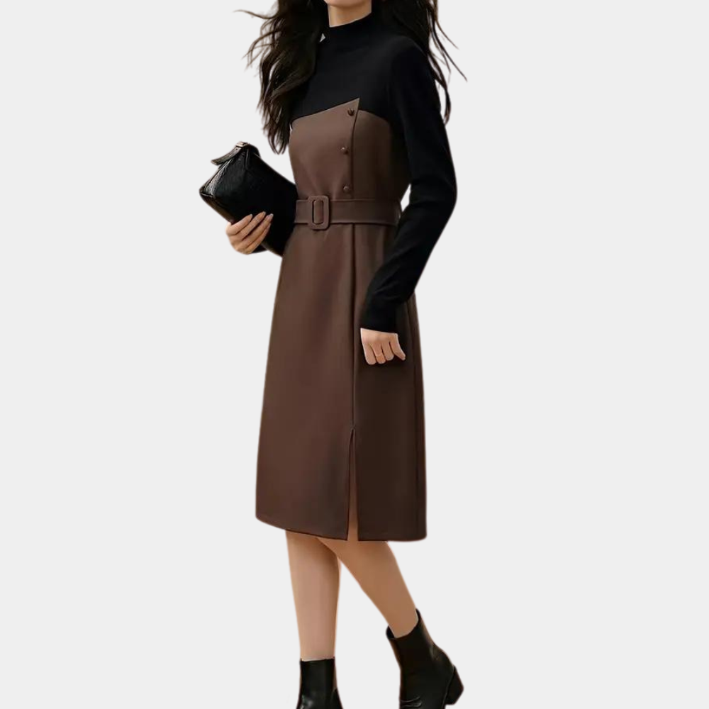 Color Block Midi Dress  Belted Brown and Black Design - Product showcase