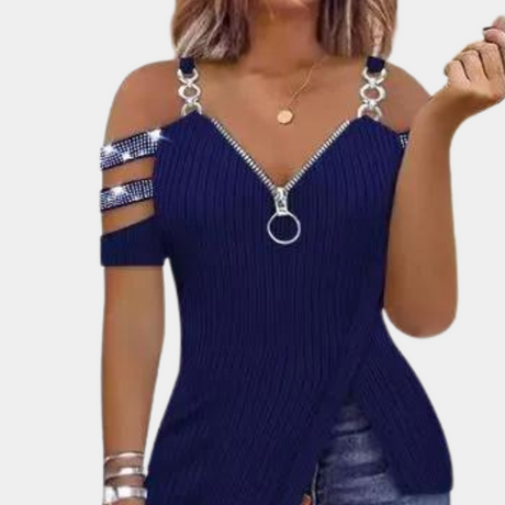 Womens Navy Cold Shoulder Top  Zipper Front Ribbed Design - Product detail 7