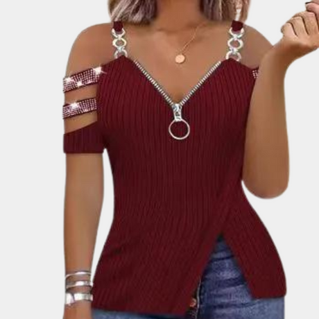 Womens Navy Cold Shoulder Top  Zipper Front Ribbed Design - Product detail 9