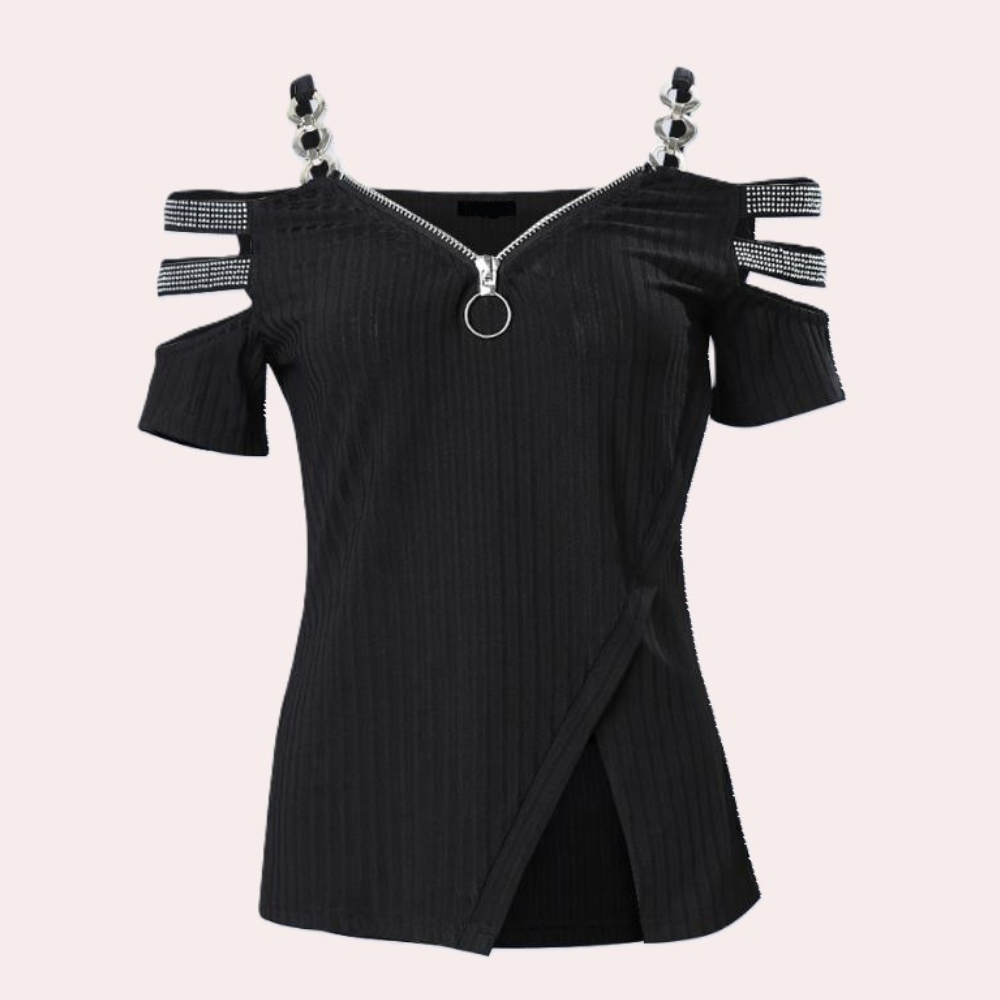 Womens Navy Cold Shoulder Top  Zipper Front Ribbed Design - Product detail 6