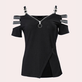 Womens Navy Cold Shoulder Top  Zipper Front Ribbed Design - Product detail 6