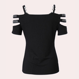 Womens Navy Cold Shoulder Top  Zipper Front Ribbed Design - Product detail 5