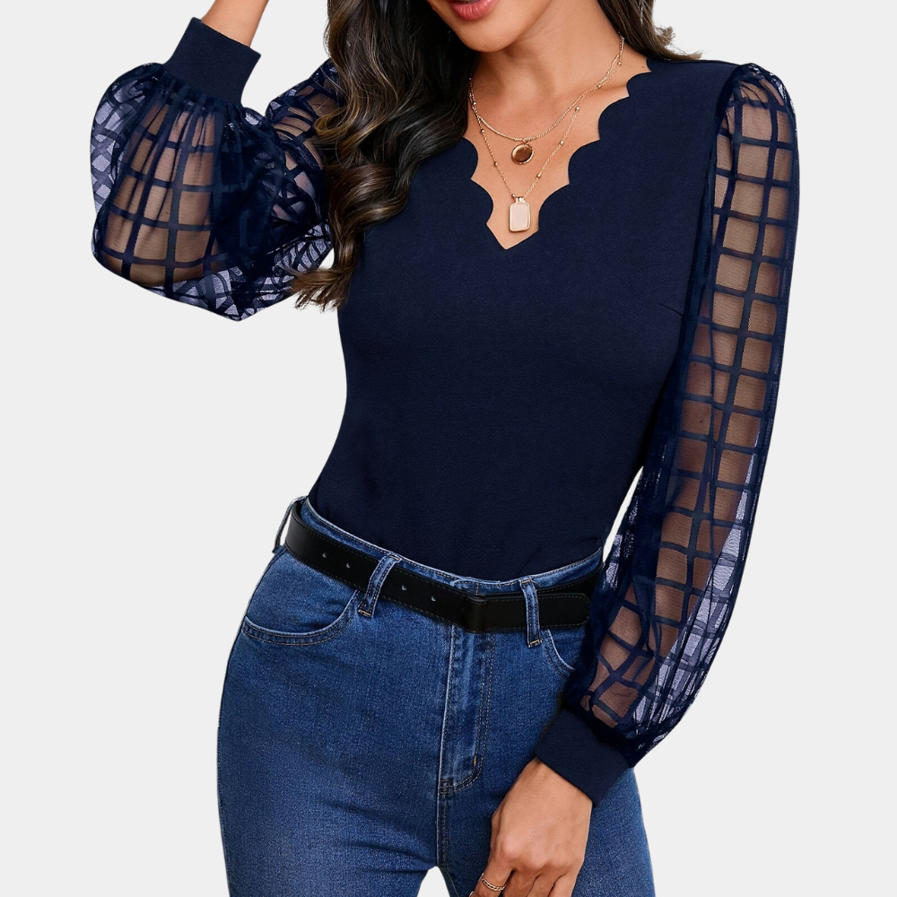 Elegant V-Neck Blouse  Sheer Grid Sleeve Design - Product detail 6