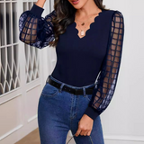 Elegant V-Neck Blouse  Sheer Grid Sleeve Design - Product detail 9