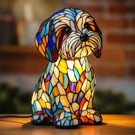 Stained Glass Dog Lamp  Tiffany Style Decorative Table Light - Detailed view