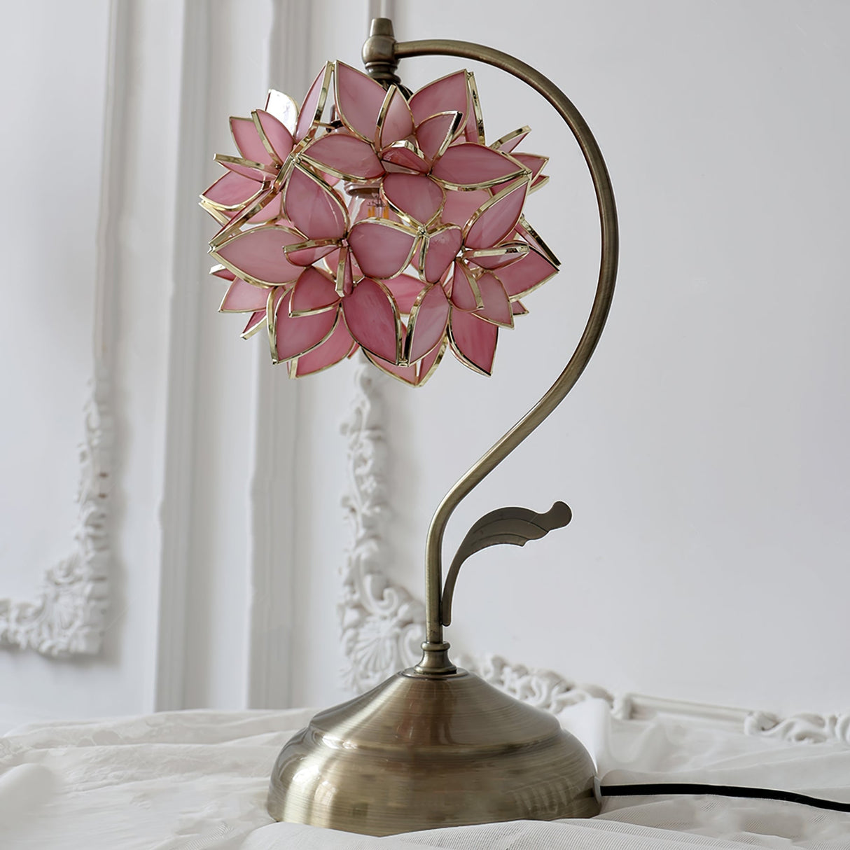 Pink Glass Table Lamp  Capiz Shell Design Metal Base - Detailed view