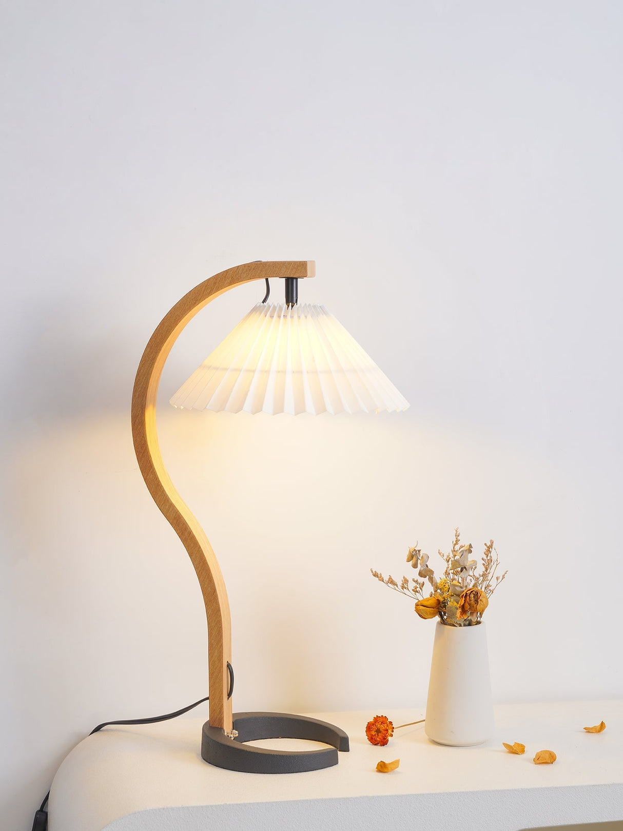 Scandinavian Table Lamp  Curved Wood  Pleated Shade - Product detail 11