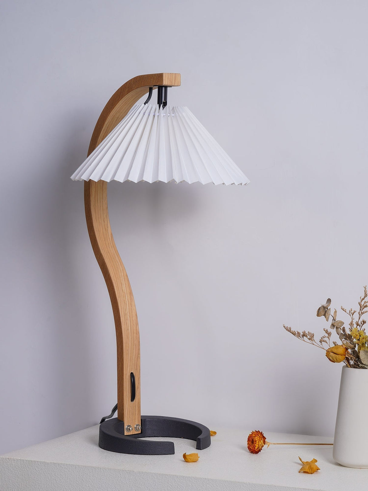 Scandinavian Table Lamp  Curved Wood with Pleated Shade - Product detail 8