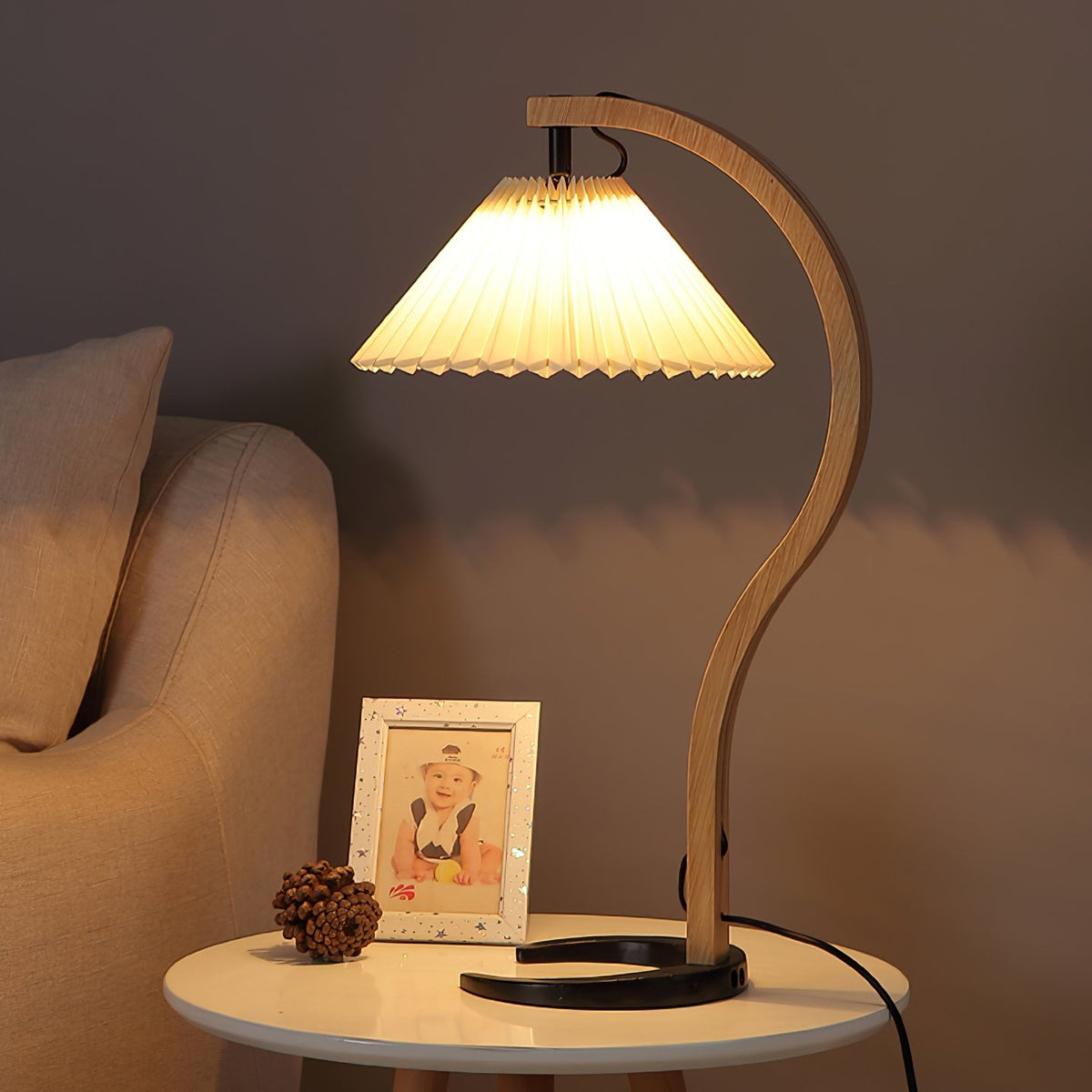 Scandinavian Table Lamp  Curved Wood with Pleated Shade - Product detail 24