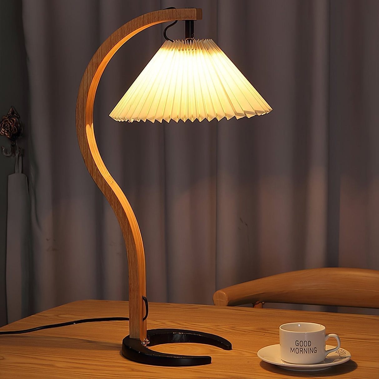 Scandinavian Table Lamp  Curved Wood with Pleated Shade - Product detail 23
